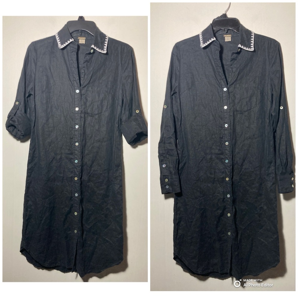 Magaschoni Linen Button Down Shirt Dress Adjustable Sleeves Size XSmall Black